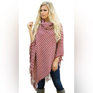 Red/white stripe cowl neck poncho fall
